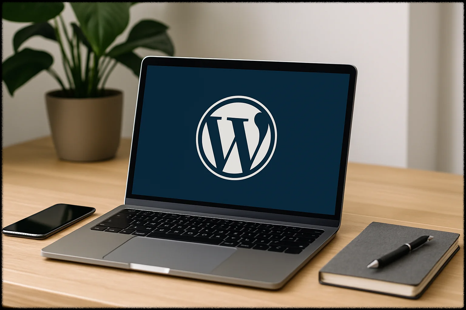 노트북 화면에 워드프레스 로고가 표시된 이미지
