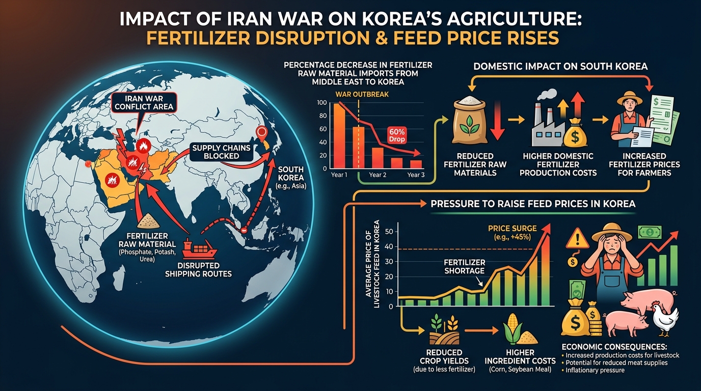 이란 전쟁 발발 이후 중동발 비료 원료 공급 차단과 한국 내 사료 가격 인상 압박 데이터 시각화