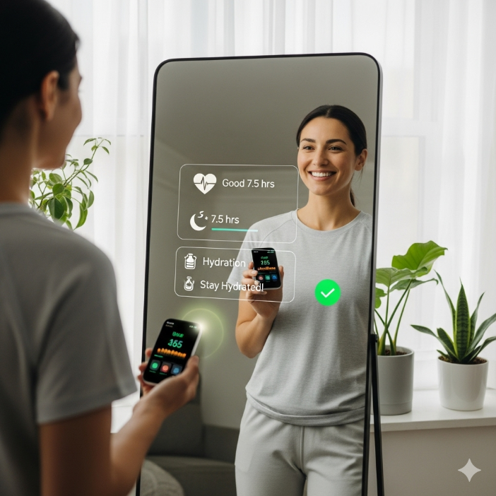 한 여성이 거울을 보며 자신의 건강과 웰빙을 점검하는 모습. 건강 관리에 대한 긍정적인 태도를 보여준다