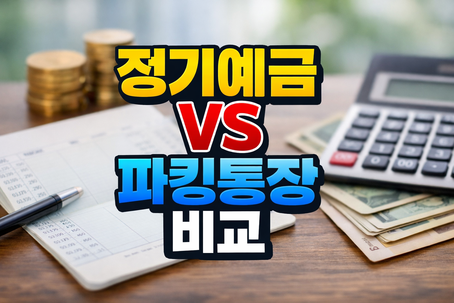 정기예금 vs 파킹통장 비교 썸네일, 계산기와 돈이 놓인 금융 이미지 위에 정기예금과 파킹통장 선택 기준을 설명하는 제목 디자인