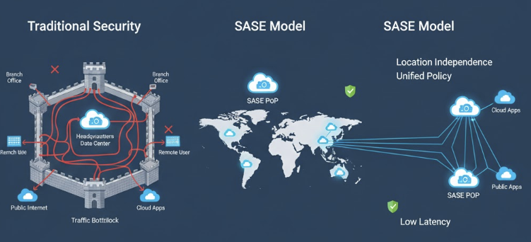 본사를 거쳐야 하는 기존 경계 보안 모델의 병목 현상을 해결하고, 클라우드 엣지에서 보안과 네트워크를 동시에 처리하는 SASE(Secure Access Service Edge)의 구조적 장점을 보여주는 인포그래픽.