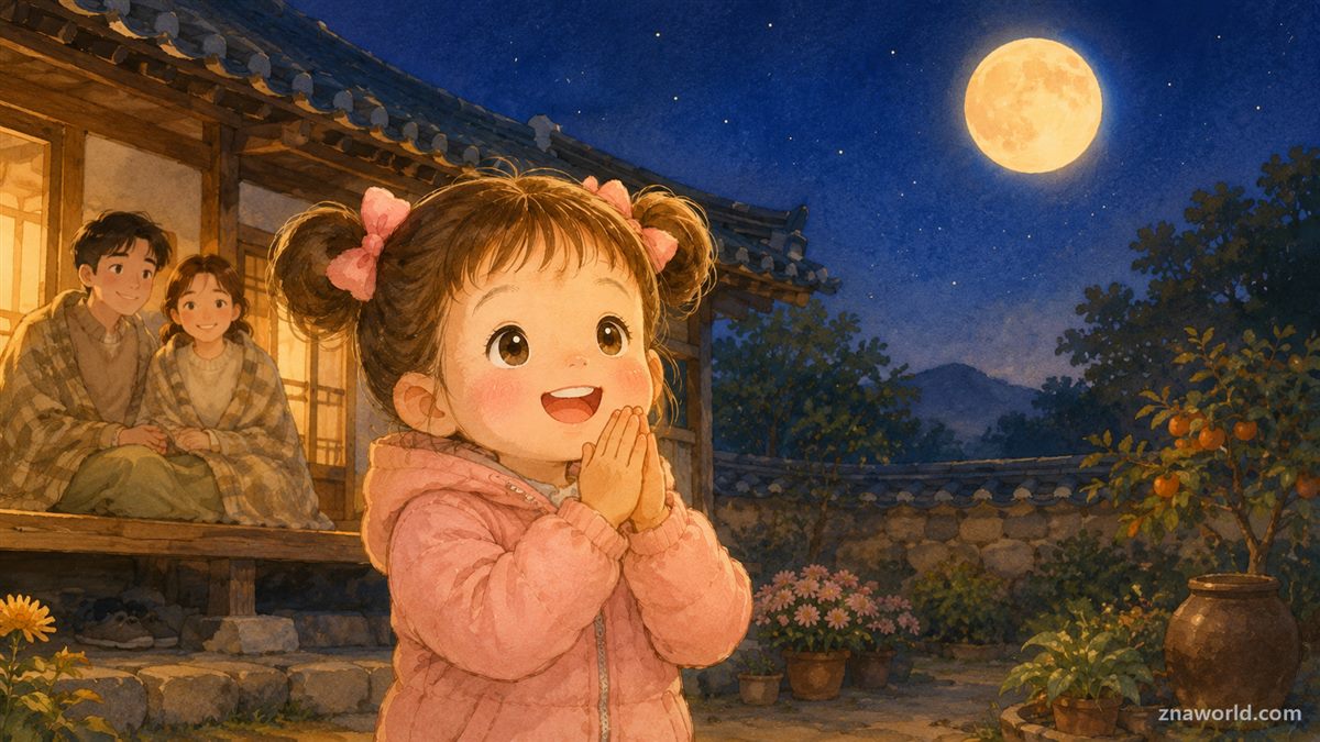 추석 밤 점퍼를 입고 보름달에 소원을 비는 아이 일러스트