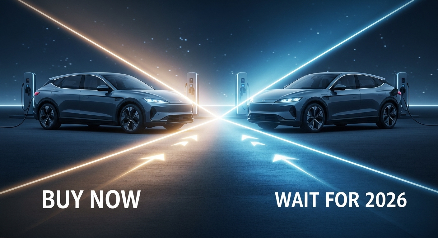2026년 전기차 보조금 축소 가능성을 나타내는 갈림길에 선 전기차. '지금 구매'와 '기다림' 두 가지 선택지 사이에서 고민하는 상황을 보여줍니다.