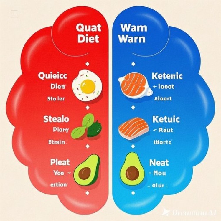 깔끔한 인포그래픽 스타일로 네 개의 식단(조용한 식단, 팔레오, 케토제닉, 육식)을 비교하는 차트가 중앙에 배치되어 있고, 각각의 대표 음식들(스테이크, 연어, 달걀, 아보카도, 채소 등)이 구역별로 정렬되어 있는 이미지. 뇌 모양의 실루엣과 염증을 나타내는 붉은색에서 평온함을 나타내는 파란색으로 변화하는 그라데이션 효과