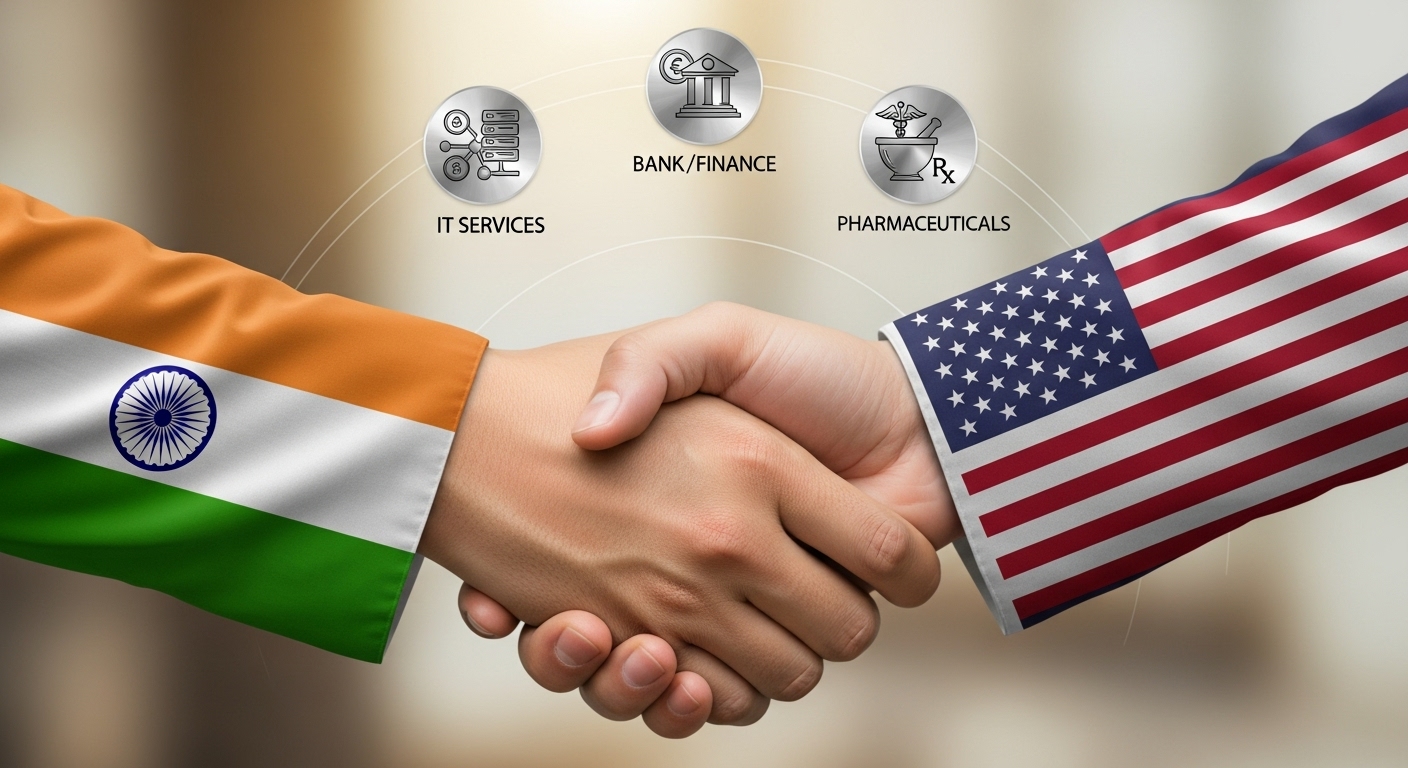 인도 국기와 미국 국기가 악수하는 모습. IT 서비스, 금융, 제약 아이콘이 주변에 배치되어 협력 및 성장을 시각화