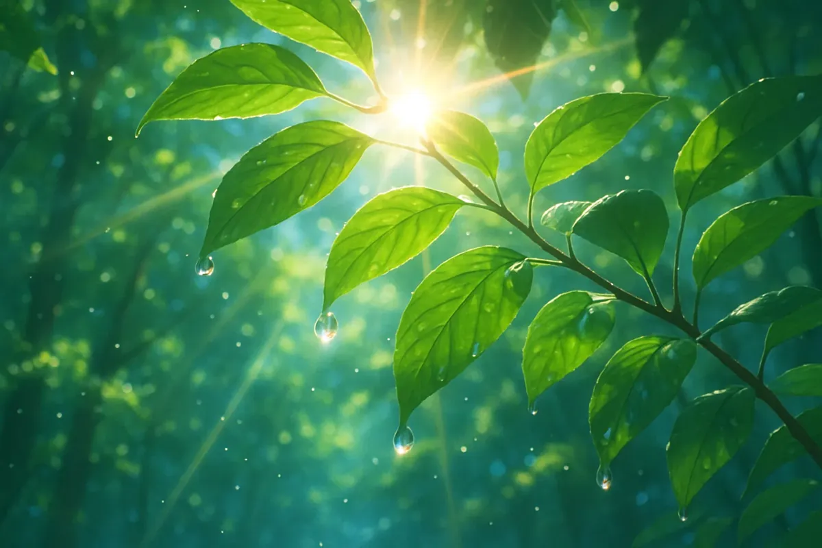 싱그러운 녹색 나뭇잎 사이로 햇살이 비치는 이미지로, '친환경'과 '희망'의 메시지를 시각적으로 전달