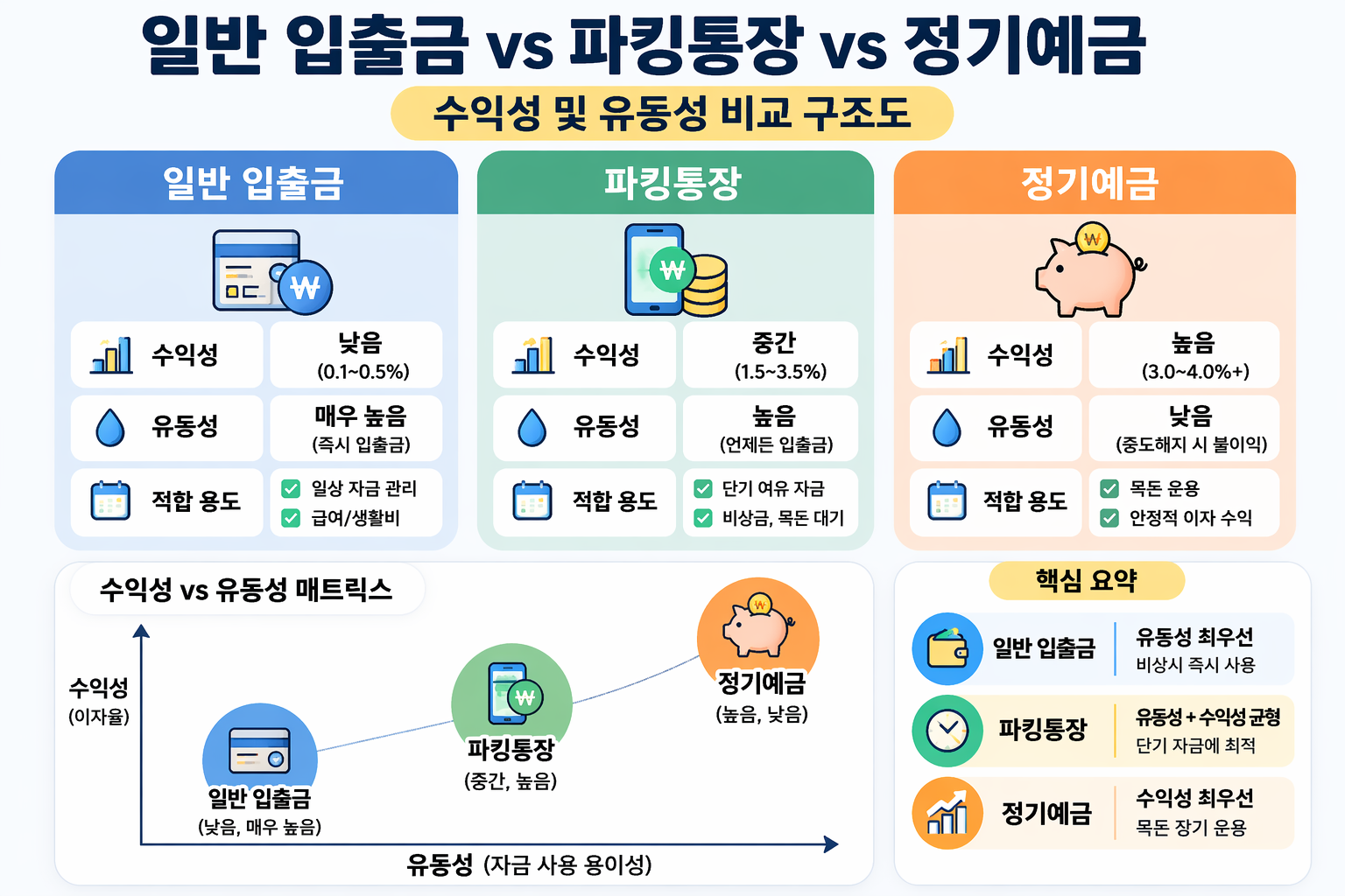 일반 입출금고통장 VS 파킹통장 VS 정기예금 통장 수익성 및 유동성 비교 구조도