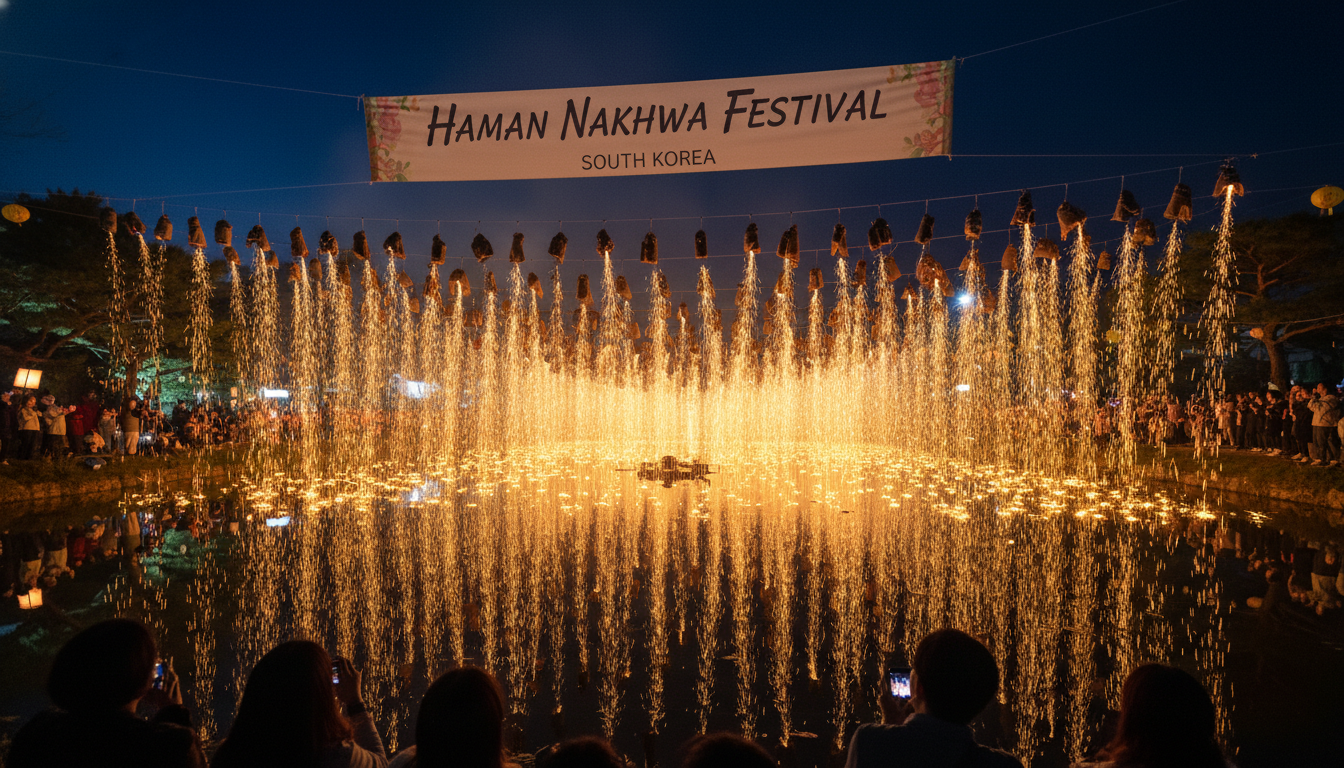 밤하늘에 금빛 불꽃이 비처럼 쏟아져 내리는 2026 함안 낙화축제 무진정의 황홀하고 낭만적인 야경