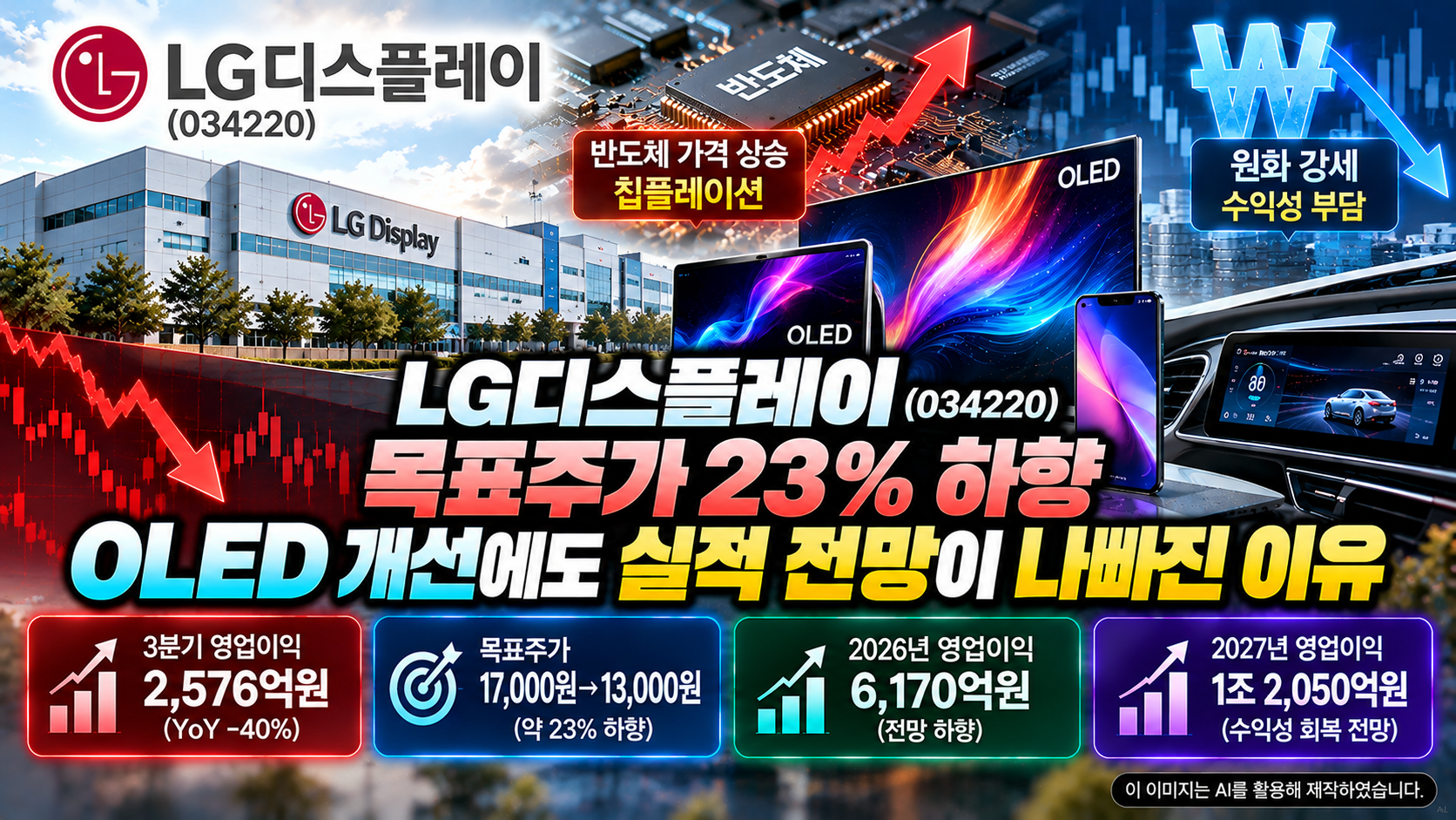 LG디스플레이 기업분석, 반도체 가격 상승과 원화 강세로 목표주가 17,000원에서 13,000원으로 하향된 이유 및 OLED 사업 개선과 2027년 영업이익 1조 2,050억원 회복 전망