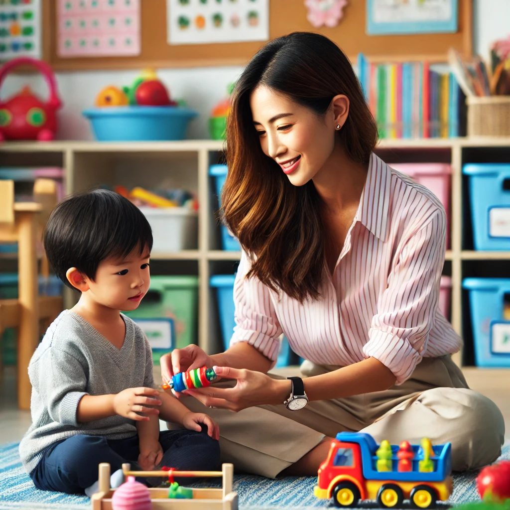놀이치료사 선생님과 아이가 장남감을 통해 소통하고 있다.