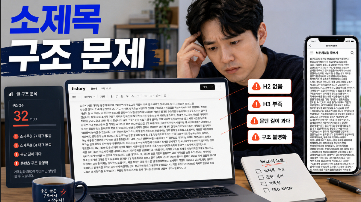 티스토리 글에서 H2와 H3 소제목 부족으로 글 구조가 약해지는 문제 상황 이미지