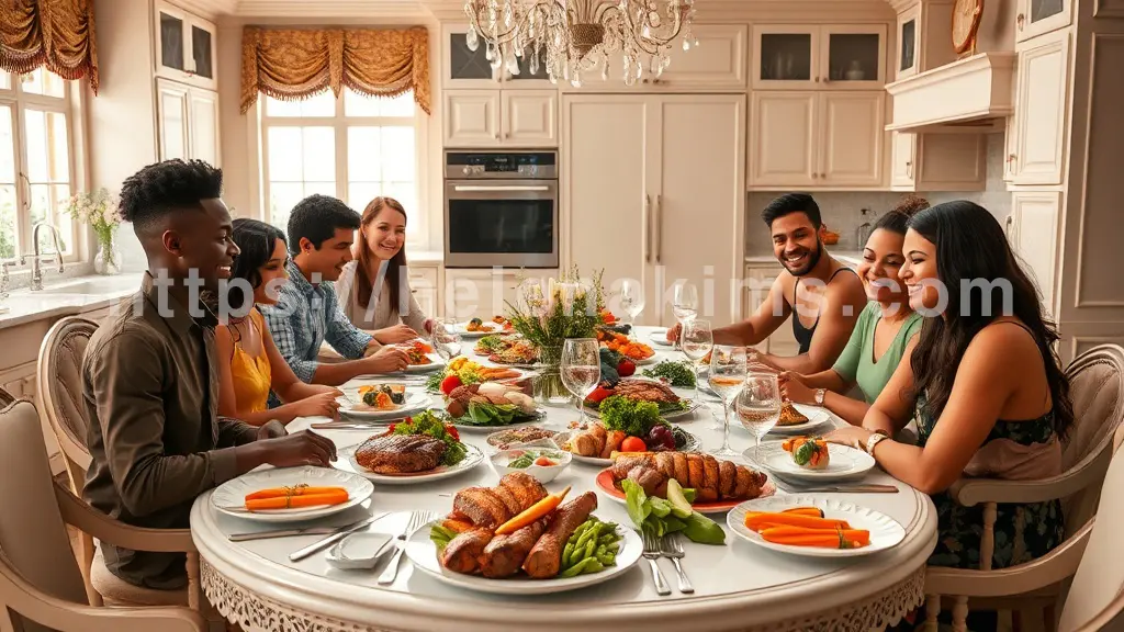 밝고 고급스러운 주방 식탁에 앉은 사람들이 고기+채소&rsquo; 식단을 보며 행복해 하는 이미지.