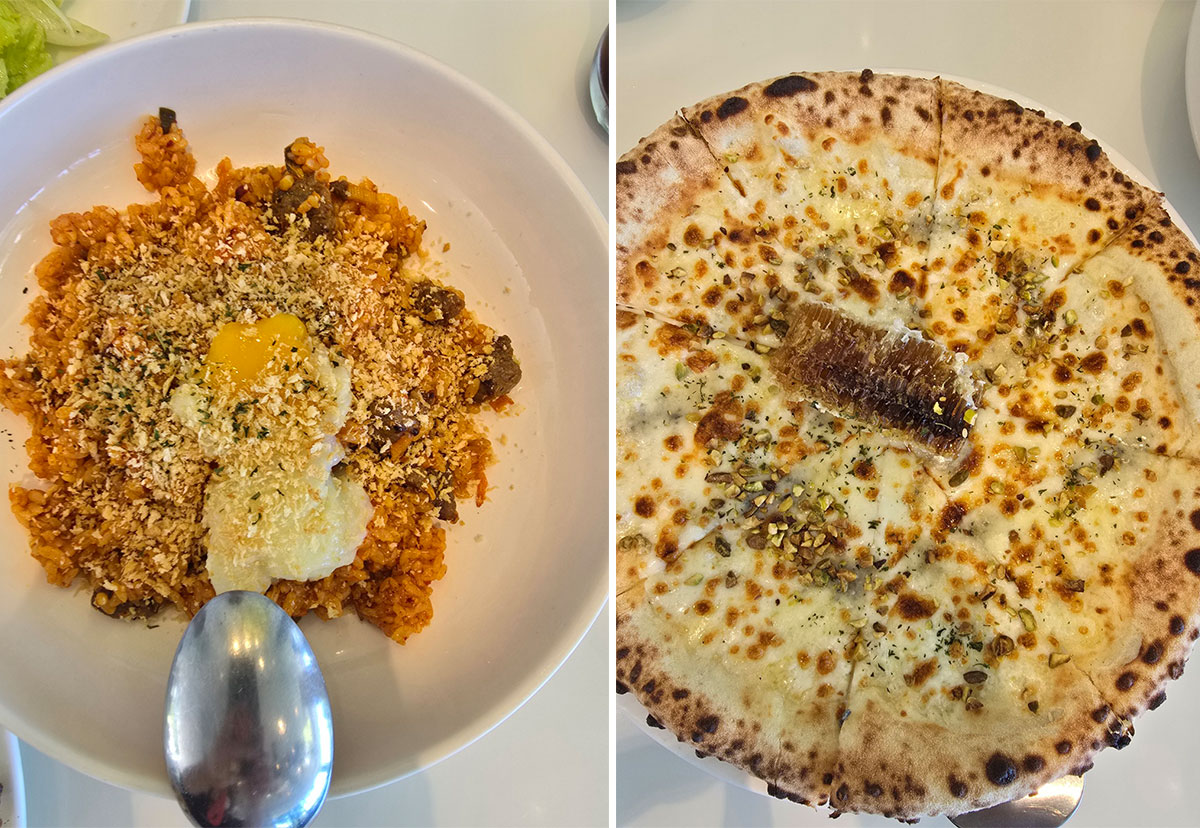 한우 수란 김치 볶음밥 &amp; 벌꿀집 고르곤 졸라 피자