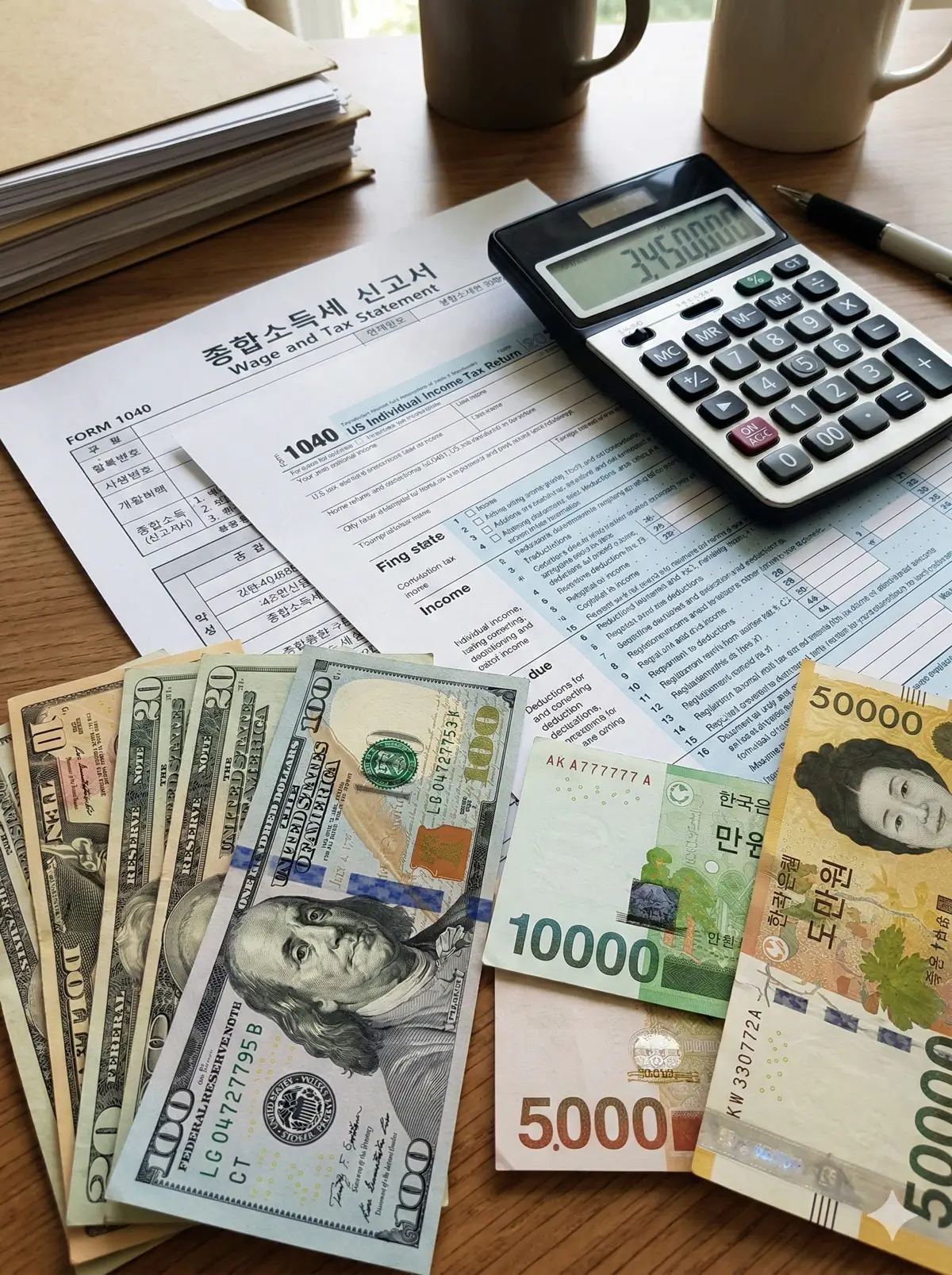 미국 달러 지폐와 한국 원화 지폐가 나란히 놓여 있고, 그 위에 계산기와 세금 명세서가 있는 모습