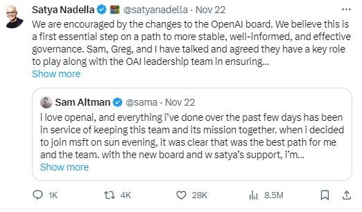 올트만이 이끄는 오픈AI와 나델라의 MS는 이번 사태를 계기로 더 끈끈한 파트너십을 맺게 됐다. 사진=X 계정