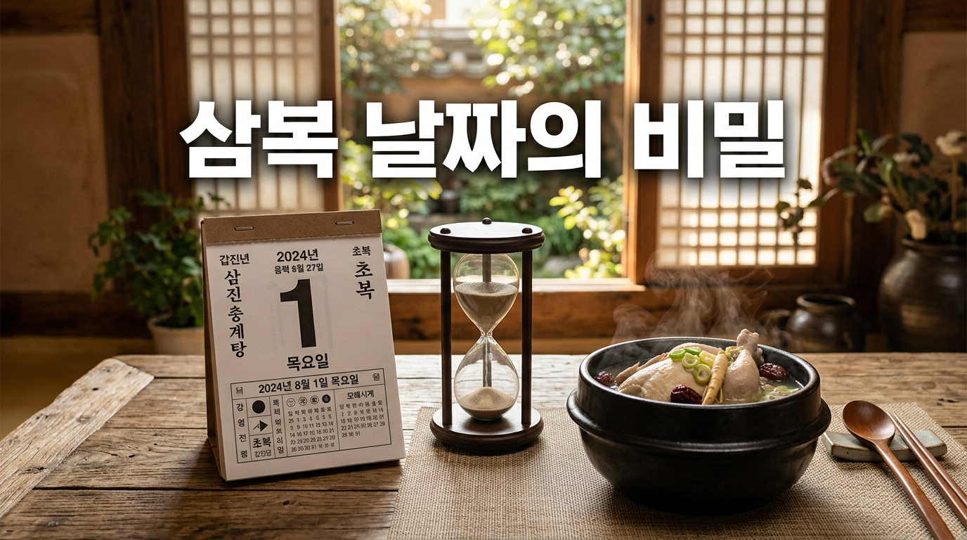 삼복 날짜 계산법을 보여주는 달력과 삼계탕 사진