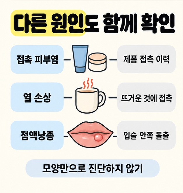 접촉 피부염과 제품 접촉 이력, 열 손상과 뜨거운 것에 접촉, 점액낭종과 입술 안쪽 돌출을 대응시키고 모양만으로 진단하지 말라고 안내한 비교 도식