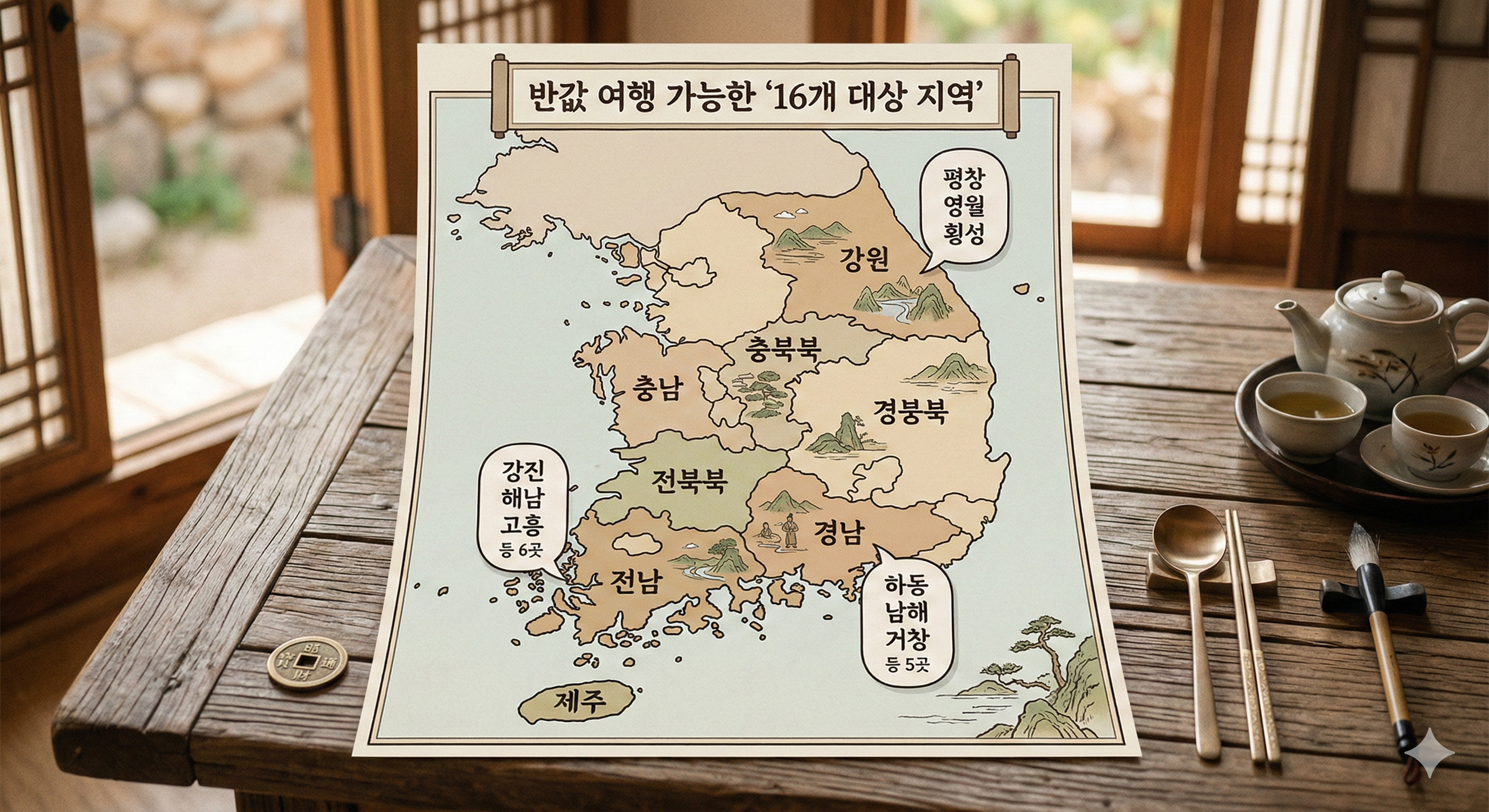 강원, 충북, 전북, 전남, 경남의 16개 인구감소 지역을 지도 위에 표시한 지역사랑 휴가지원 대상 지역 목록 인포그래픽