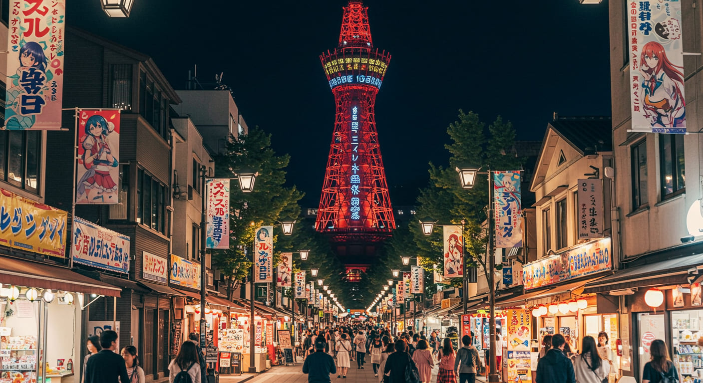 밤에 조명이 켜진 벳푸 타워와 애니메이션 테마 축제 배너, 주변 상점과 거리를 걷는 사람들