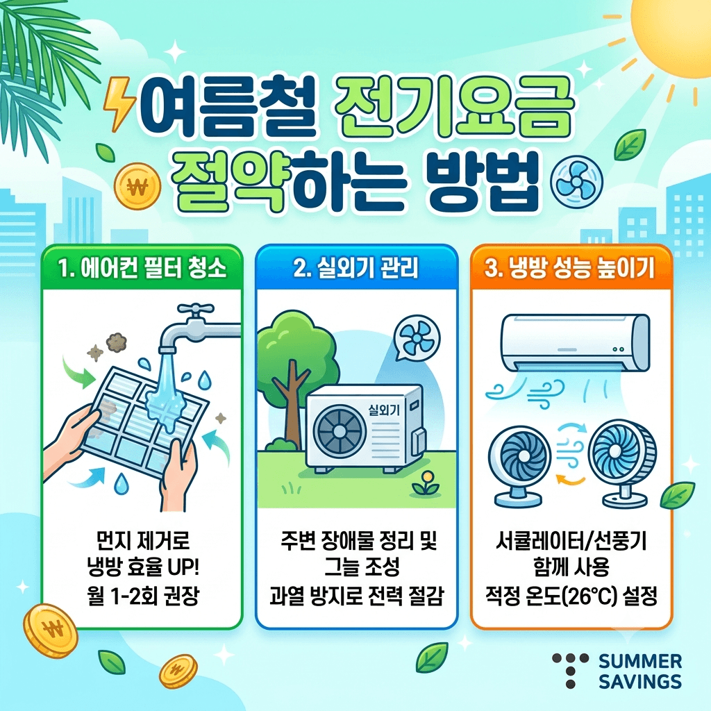 여름철 전기요금 절약하는 방법 (에어컨 필터 청소, 실외기 관리, 냉방 성능 높이기)