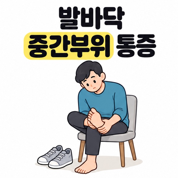 발바닥 중간부위 통증 제목 아래 의자에 앉은 남성이 신발을 벗고 한쪽 발바닥을 살피는 그림
