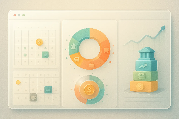 월별 예산, 수입지출 차트, 순자산 흐름을 직관적으로 보여주는 감성 UI 대시보드 일러스트