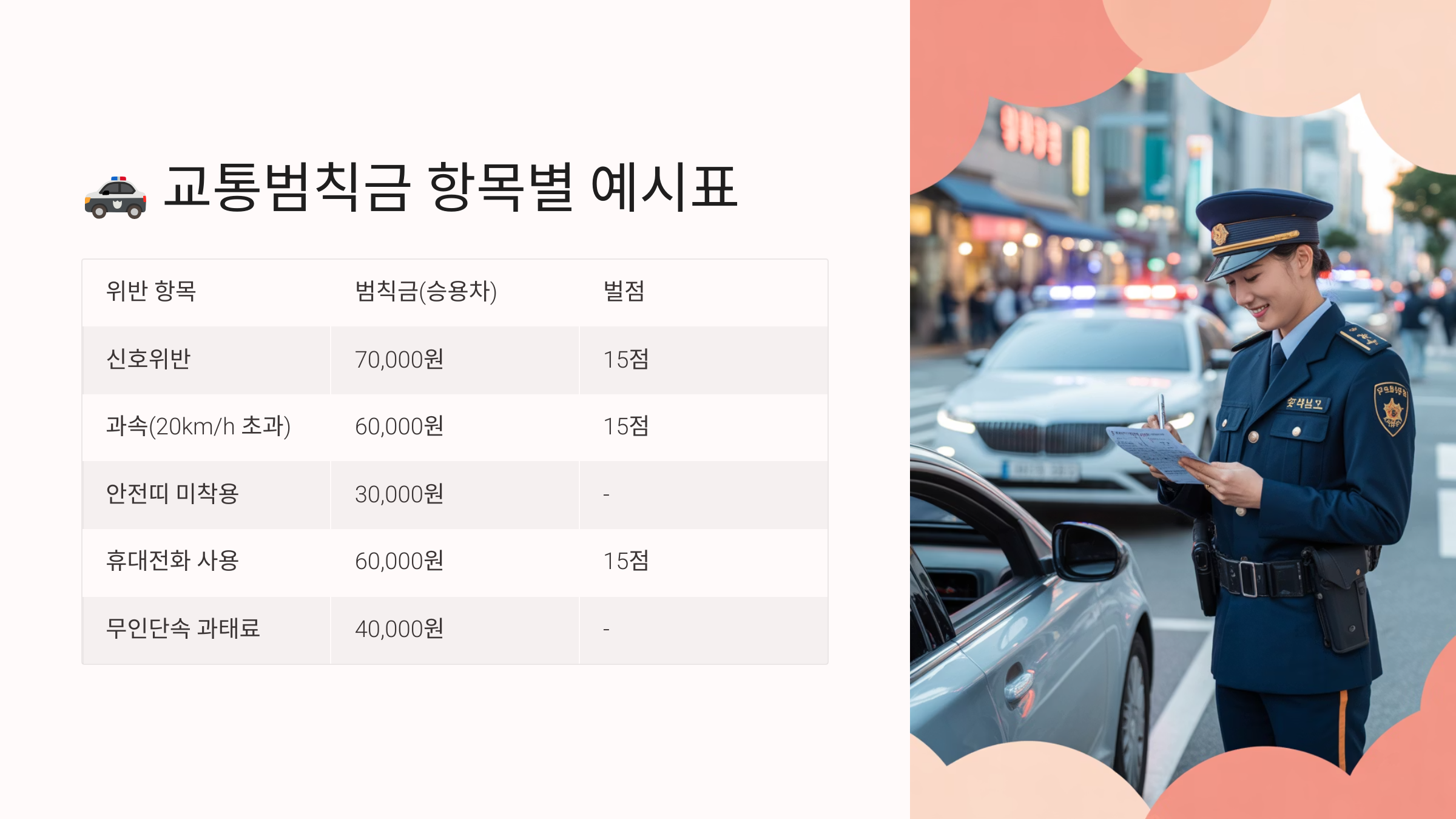 교통범칙금 항목별 예시표