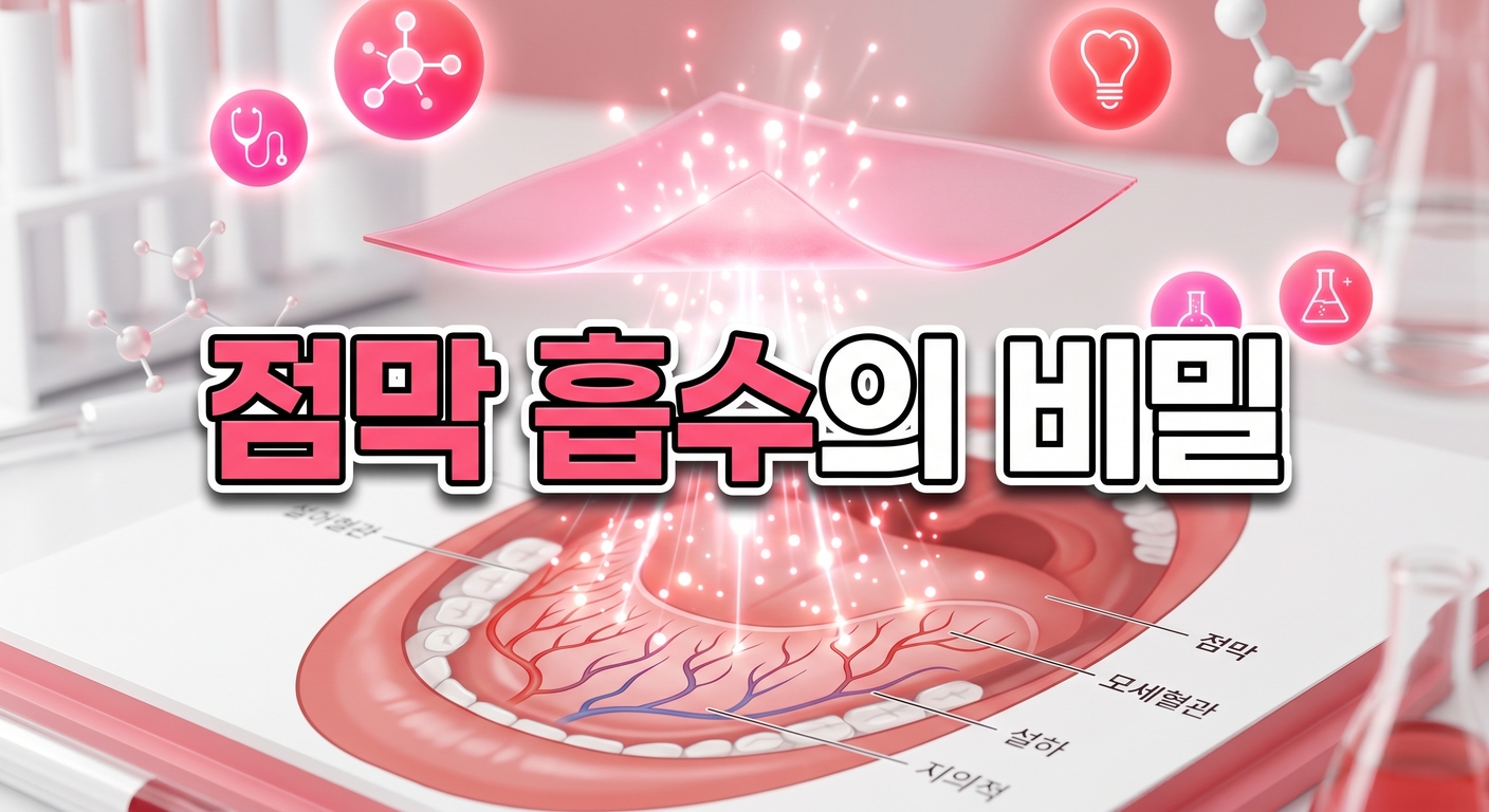 얇고 빛나는 분홍색 구강 용해 필름이 입의 해부학적 구조도 위에 떠 있고, 밝은 빛 입자들이 작은 모세혈관으로 직접 쏘아지는 3D 일러스트 배경에, 짙은 그림자와 외곽선으로 선명하게 강조된 '점막 흡수의 비밀'이라는 한글 문구가 중앙에 적힌 이미지