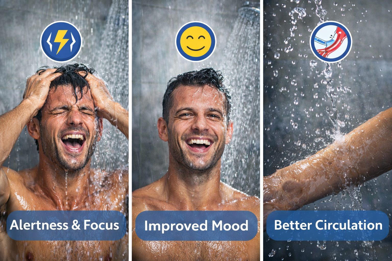 냉수 샤워로 정신이 맑아지고 몸이 깨어나는 순간을 표현한 장면