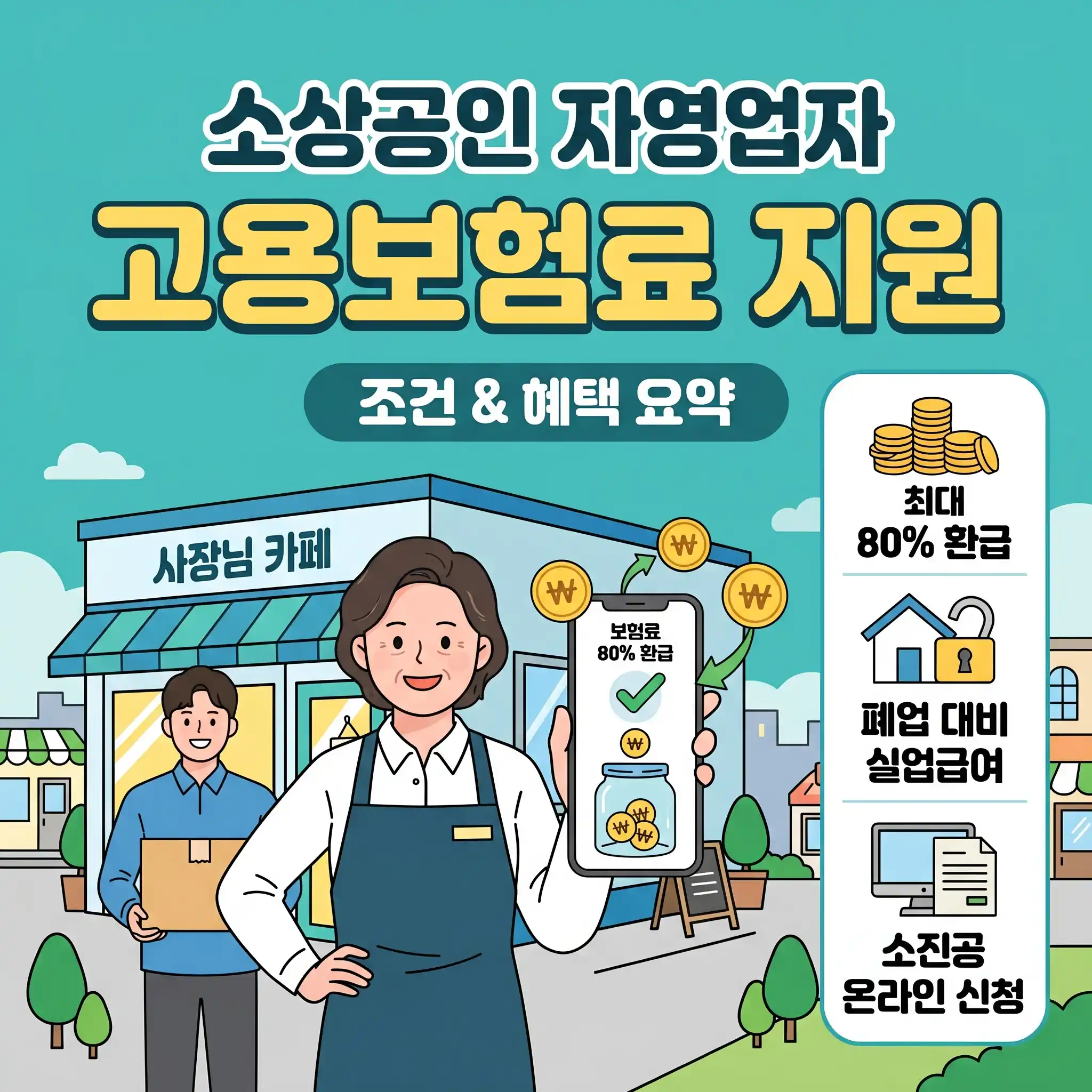 소상공인 자영업자 고용보험료 지원 조건과 혜택을 안내하는 블로그 썸네일 이미지. 앞치마를 입은 카페 여사장님이 스마트폰의 보험료 80% 환급 화면을 보여주는 일러스트와 함께 최대 80% 환급, 폐업 대비 실업급여, 소진공 온라인 신청 등 영세 사업자를 위한 고용보험 혜택이 핵심 텍스트로 요약되어 있습니다.