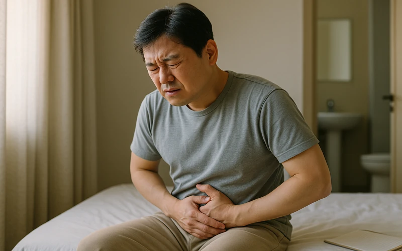 복부 불편함을 느끼는 40대 한국 남성의 아침 장 건강 문제 상황