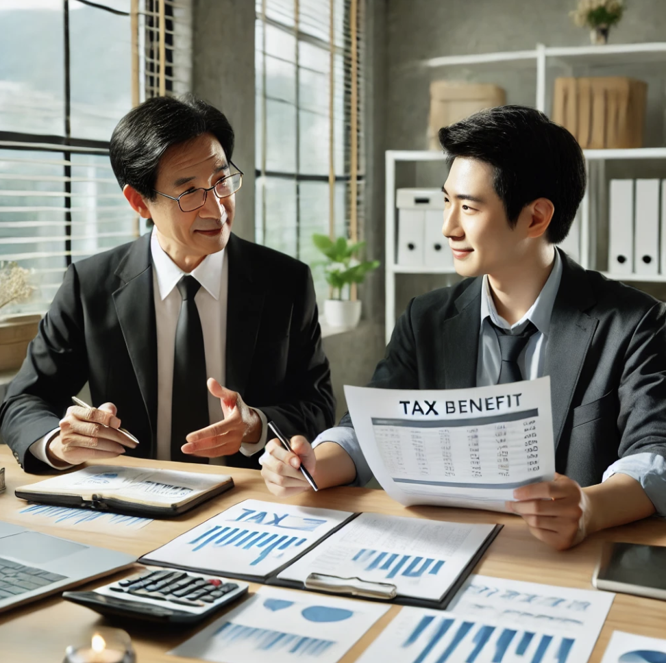 사무실에서 세금 서류와 계산기를 활용한 법인세 준비 장면
