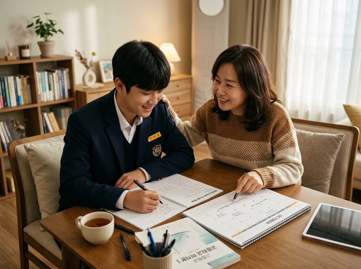 학부모와 함께 새 학년 수학 학습 계획을 세우는 한국 고등학생