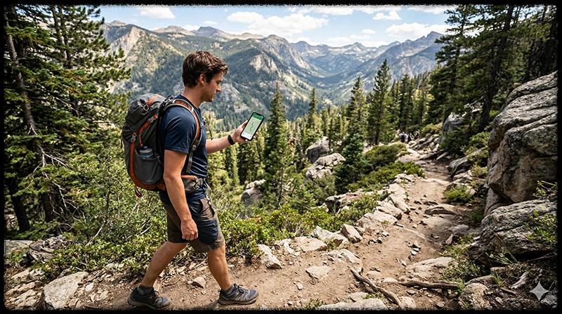 산속에서 스마트폰으로 GPS 위치를 확인하는 모습