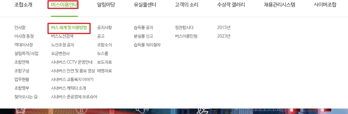 버스이용안내 메뉴에서 버스 체계 및 이용방법을 선택하는 화면