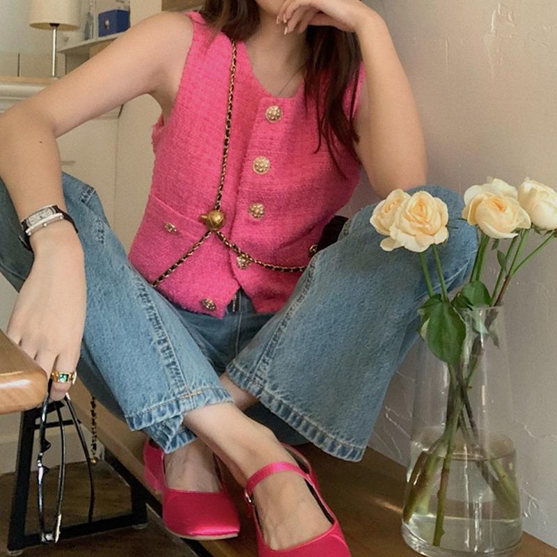 핑크 트위드조끼 베스트 민소매 나시 여름 레이어드룩 데일리 데이트룩