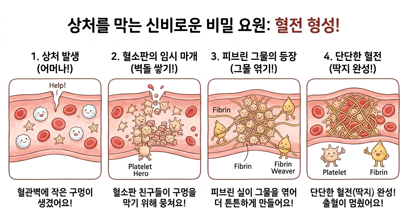 혈관 수축 → 혈소판 마개 형성 → 피브린 그물 안정화, 지혈 3단계를 보여주는 다이어그램