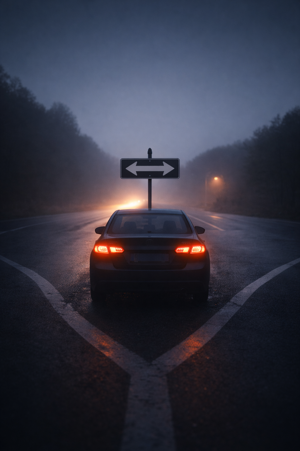안개 낀 새벽 갈림길에서 브레이크를 밟고 멈춘 차량과 양방향 표지판이 속도보다 방향을 먼저 계산하는 선택의 순간을 상징하는 장면