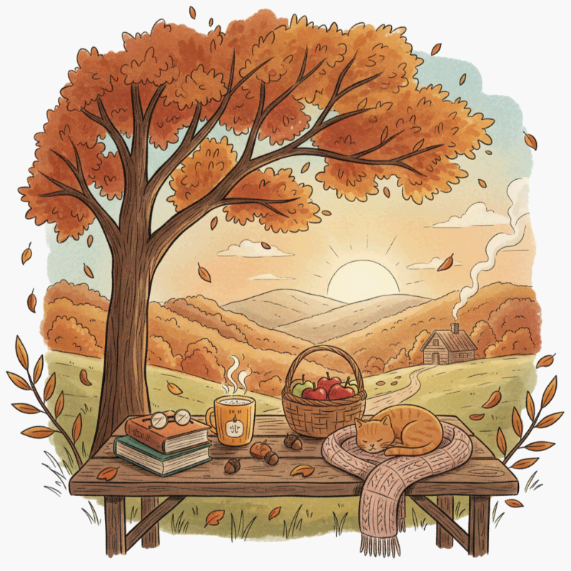 가을 풍경 속 벤치 위에서 고양이가 담요 위에 잠든 장면, 사과 바구니와 책, 따뜻한 차가 있는 일러스트"