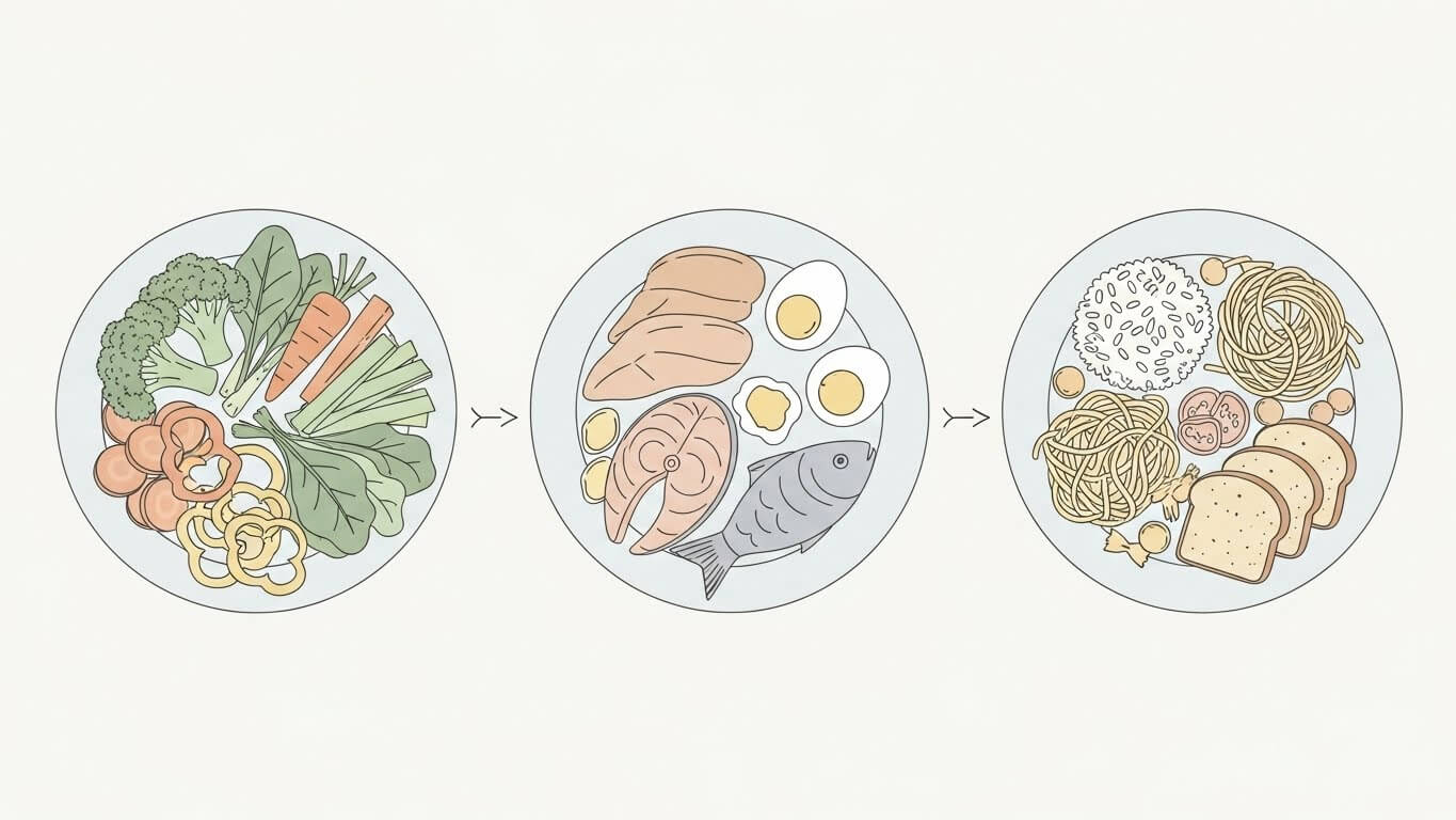 채소 접시, 단백질 접시, 탄수화물 접시 순서로 배열한 혈당 관리 식사 순서 일러스트