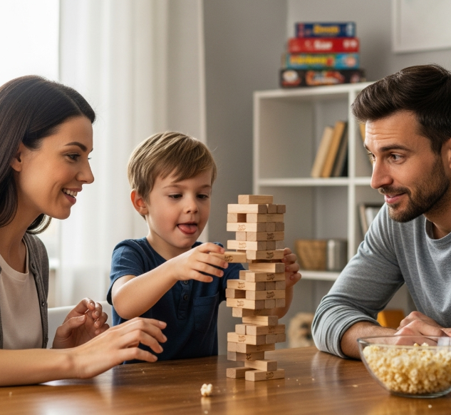 엄마 아빠 아이가 젠가 보드게임하고 있는 모습