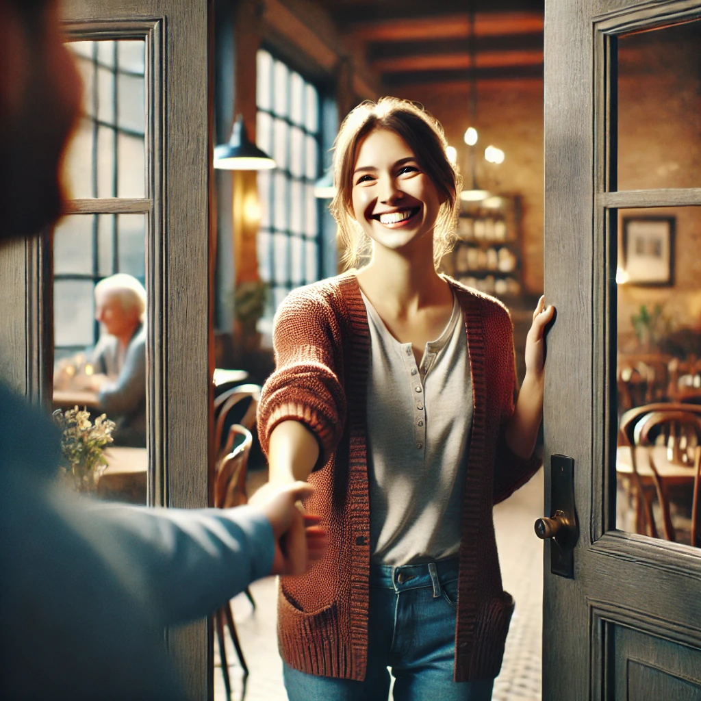 카페에서 문을 열어주는 따뜻한 모습