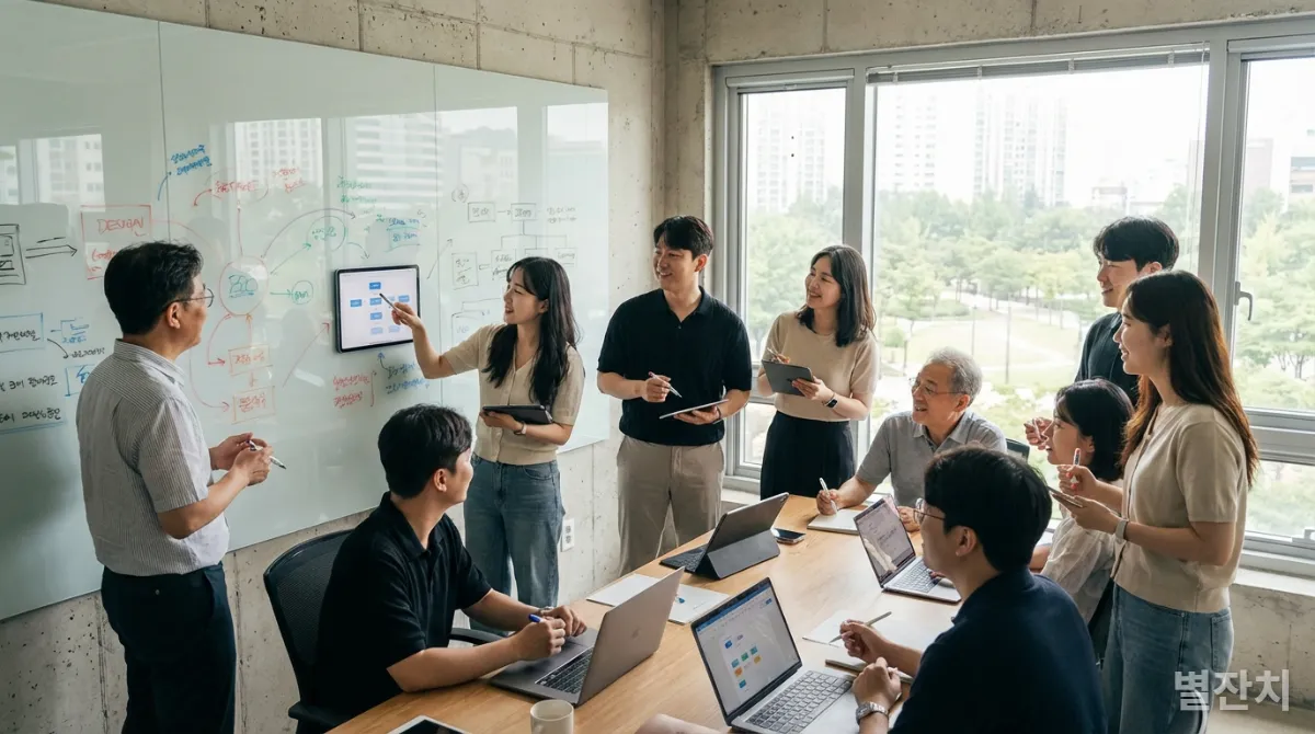 위기를 기회로 바꾸는 리더들의 공통적인 특징을 보여주는 협력적인 팀 모습