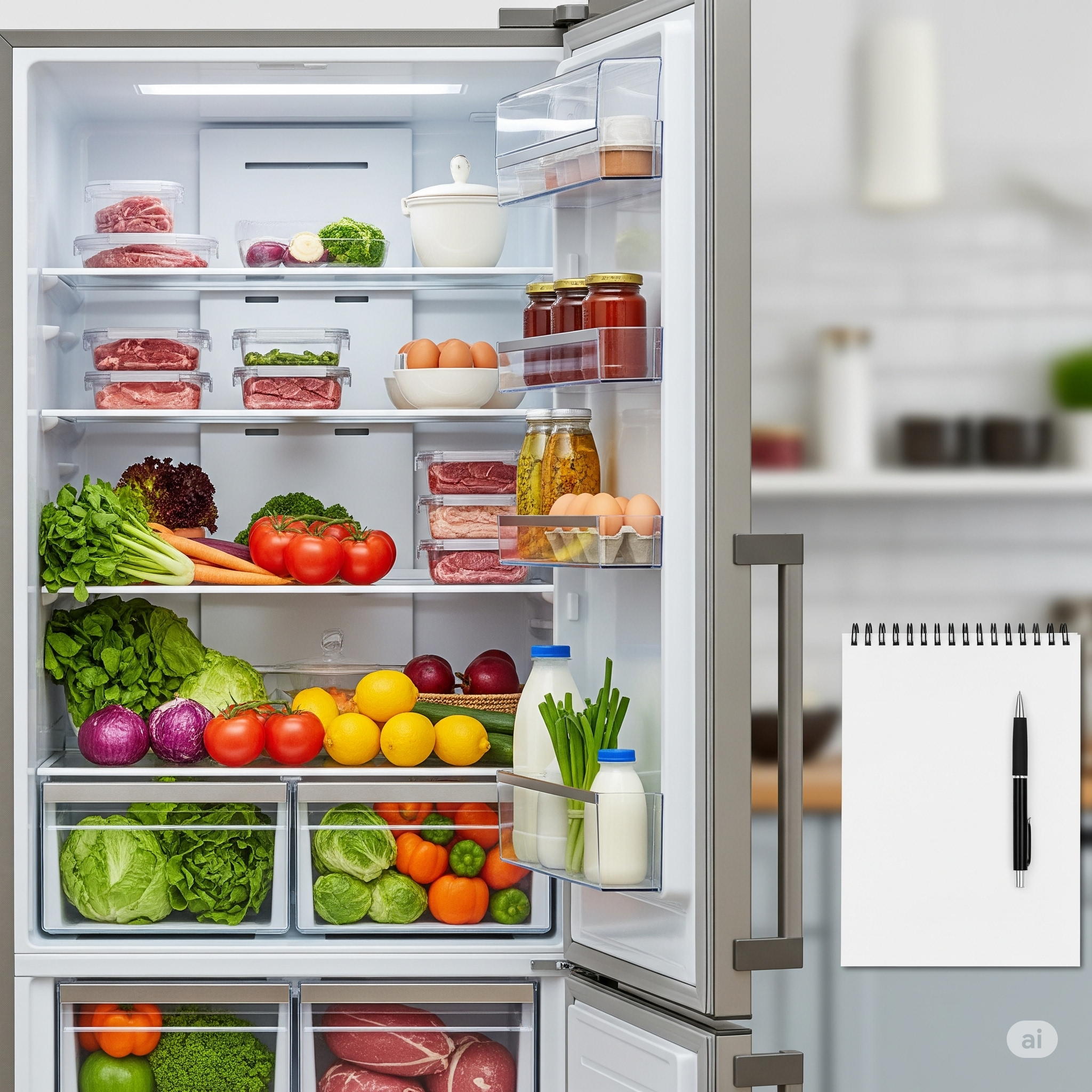 깔끔하게 정리된 냉장고를 열어보며 만족스러워하는 사람