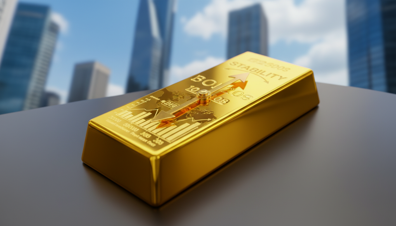 빛나는 금괴와 경제 그래프가 투영된 배경, 안정적인 미래를 상징하는 금 투자