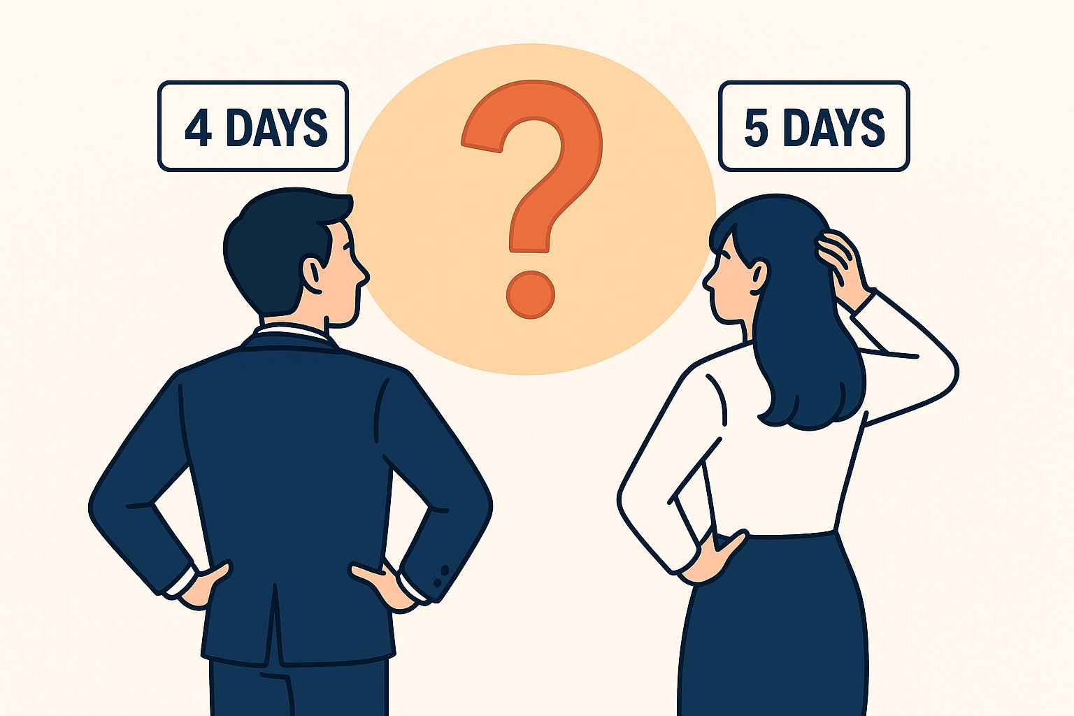 4일 근무와 5일 근무 중 선택을 고민하는 남녀 직장인이 물음표 앞에 서 있는 일러스트, 주 4일제 도입 여부에 대한 의문을 상징