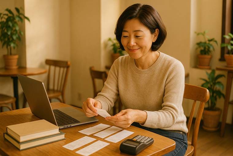 카페를 운영 중인 중장년 여성 사장님이 POS기와 계산서를 활용해 매출 자료를 정리하고 있는 모습