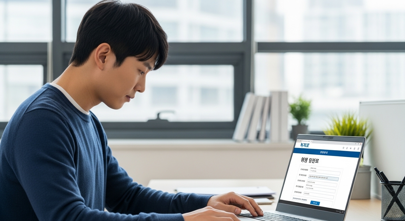 청년이 노트북으로 '복지로' 홈페이지에 접속하여 신청하는 모습