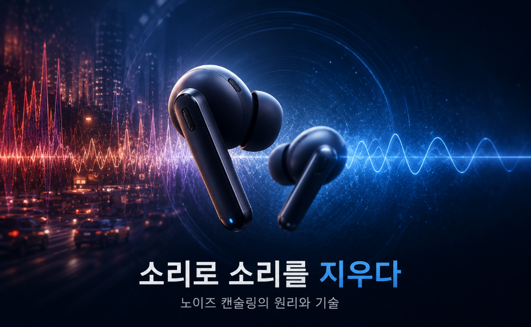 노이즈 캔슬링 이어폰과 상쇄되는 음파를 표현한 대표 썸네일 이미지