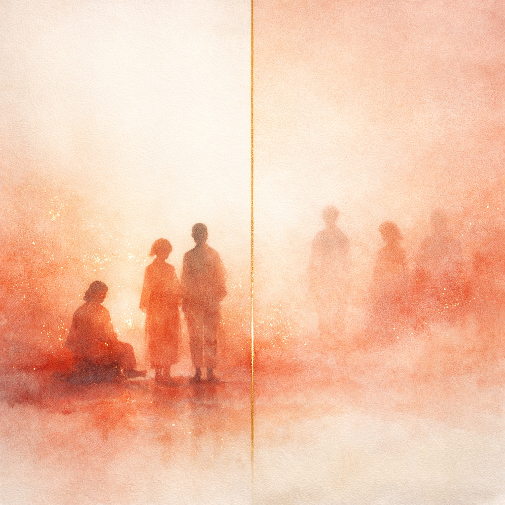 2026 병오년 관계 재편과 자리 이동을 상징하는 추상적 인물 실루엣 수묵 일러스트